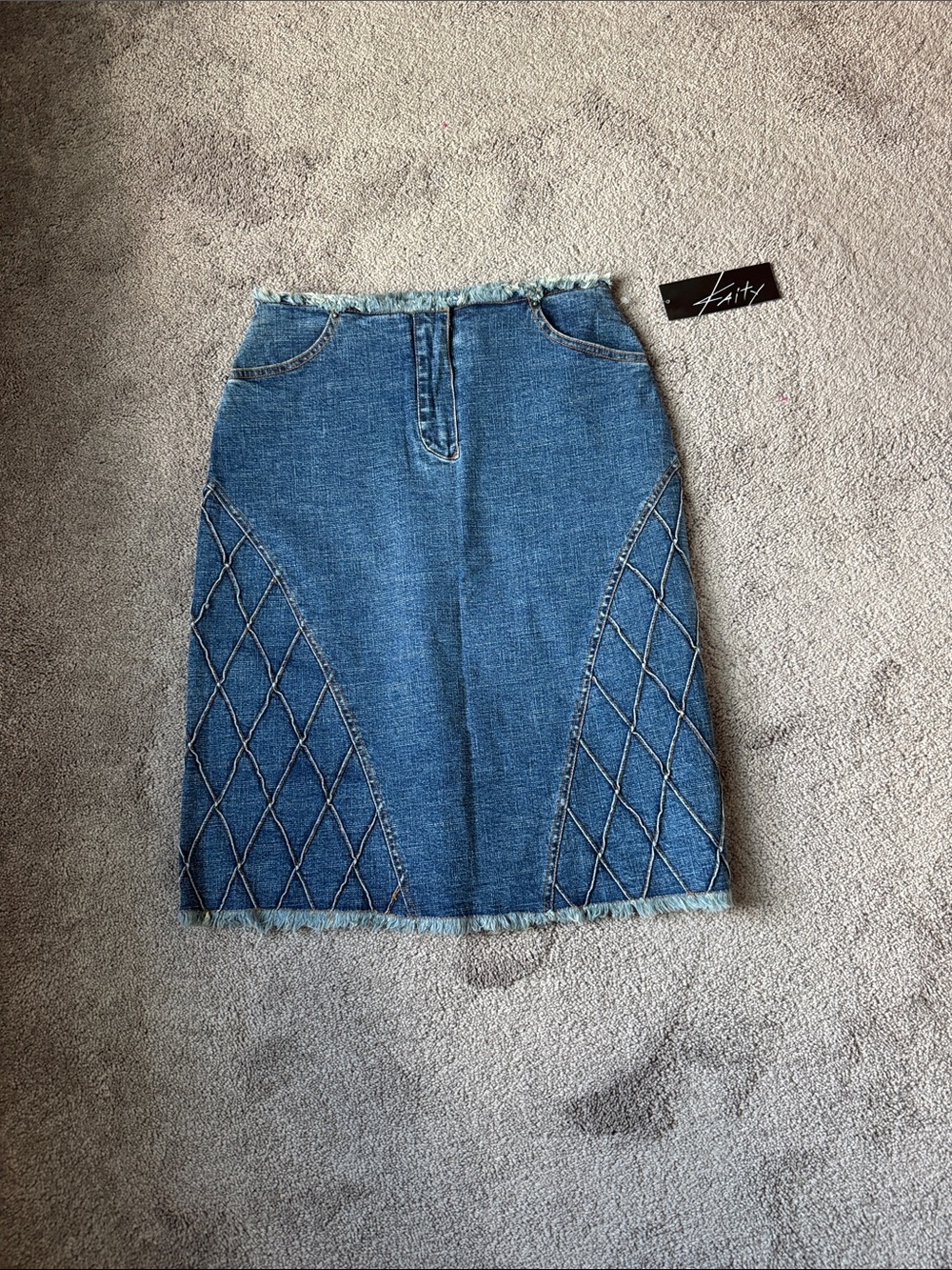 Kaity Blue Denim Pencil Skirt Contrast Stitch Panel Frayed Hem Y2K SIZE 7/8
